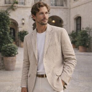 Ralph Lauren Beige pinstripe trim fit linen blazer